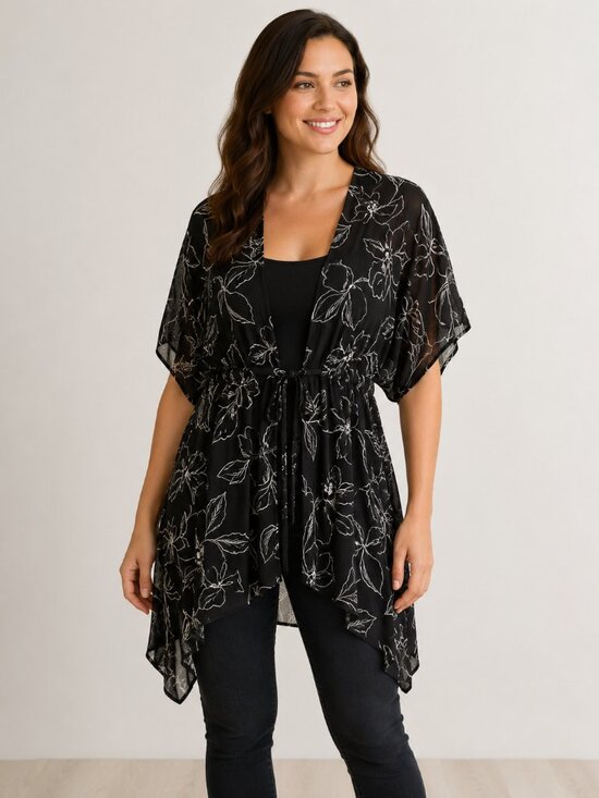 Time and Tru Tops - Time and Tru Black Floral Sheer Open Front Kimono Cardigan Women’s L/XL NWT